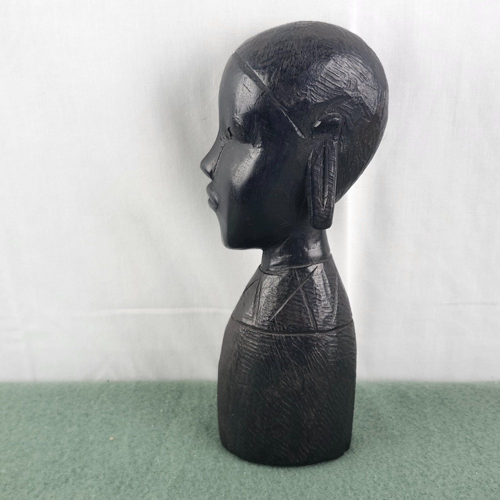 Vintage Kenya African Tribal Hand Carved Sculpture Ebony Wood‎ Bust Statue 10" - Picture 6 of 9